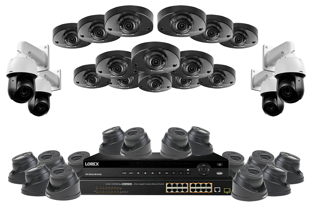32 Channel Nvr Security System With Fourteen 2k Audio Fourteen 4k Zoom Lens Dome And Four 2k Ptz With 12 Optical Zoom Lorex